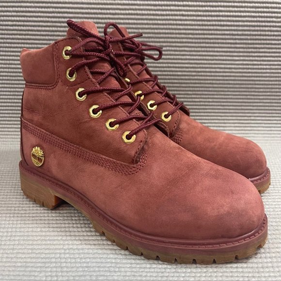 Timberland Youth Kids Size 2 Classic 6 inch Burgundy Red Premium Leather Boots - Picture 2 of 12